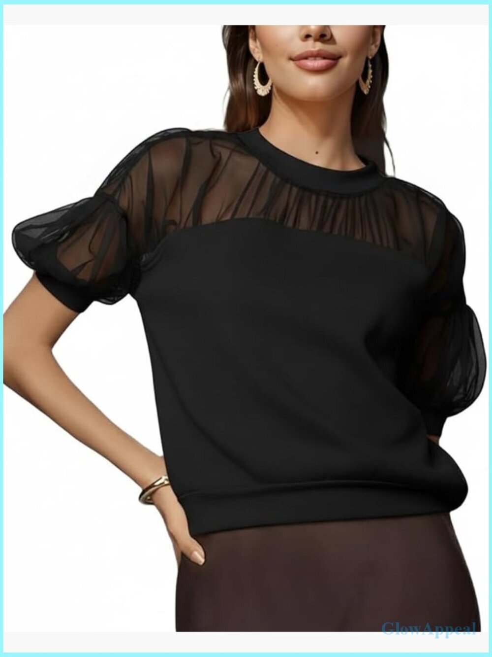 Elegant Sheer Mesh Panel Blouse with Puff Sleeves Chiffon Tops
